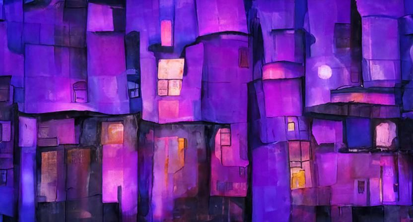 Luminous Purple Cityscape in Abstract Expressionist Style