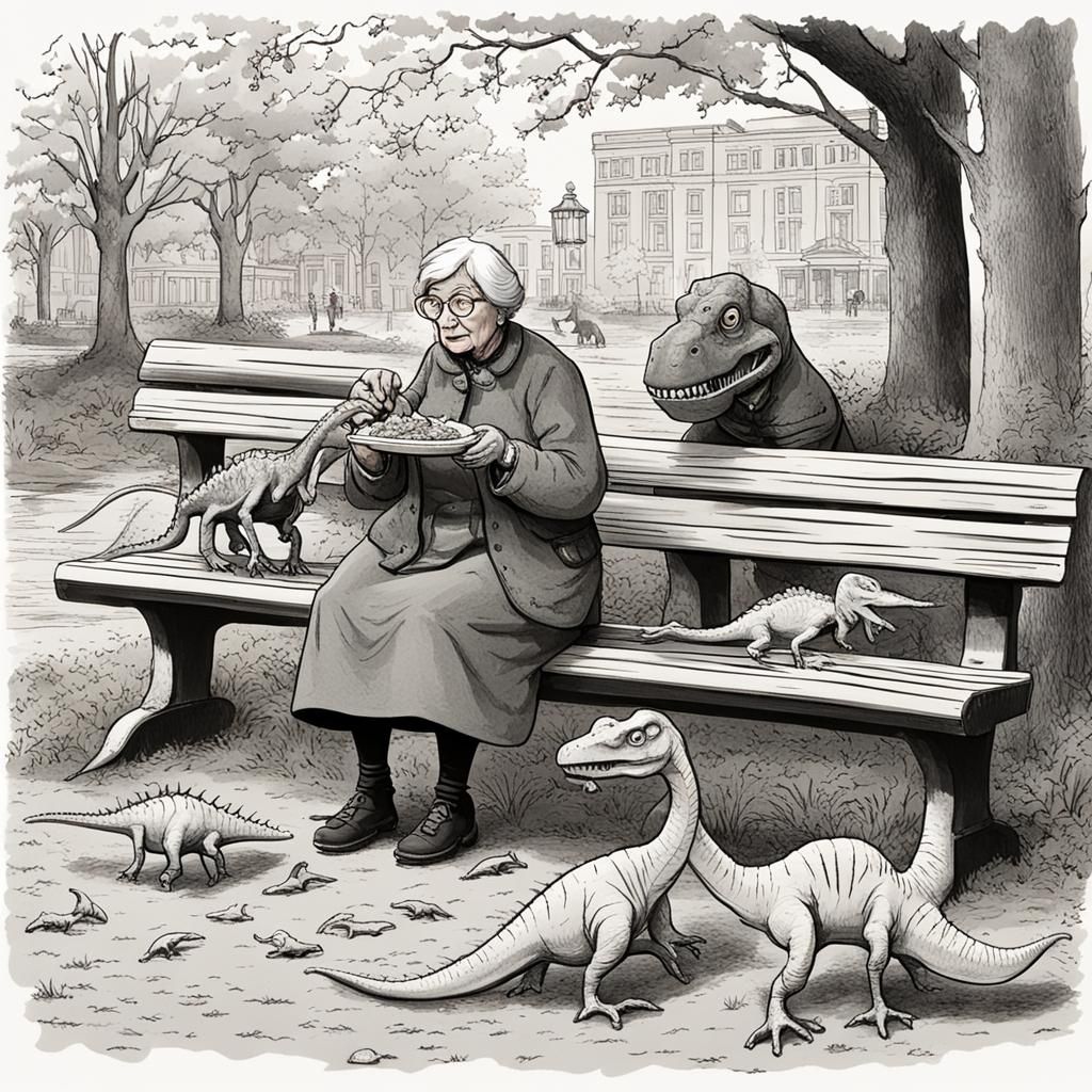 Old Lady Feeds Dinosaurs in the Park