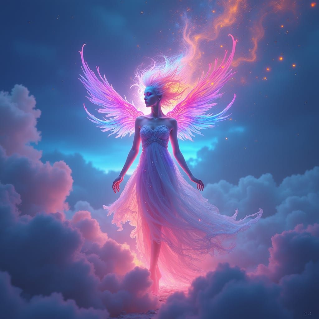 Iridescent Figure Amidst Dreamlike Clouds in Fantasy Style
