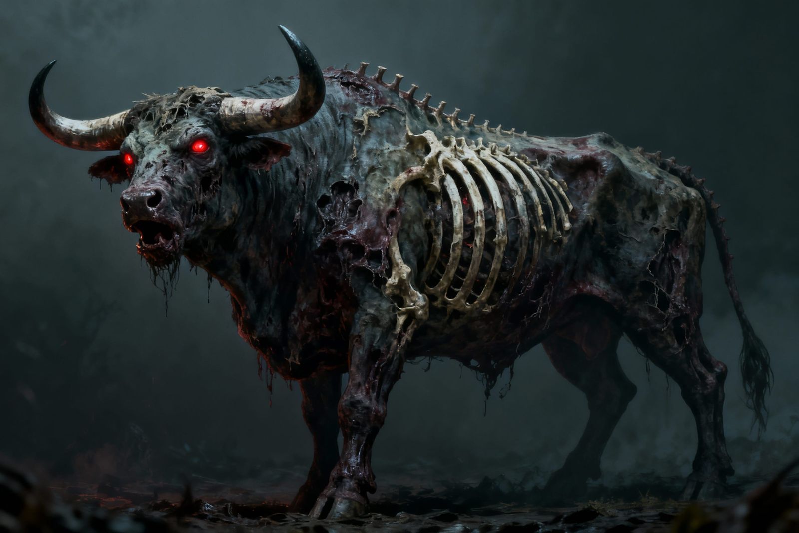 Fierce Zombie Bull Stands Proudly in Dark, Muted Colors