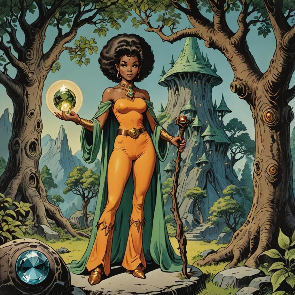 Melanated Elf Enchantress in 1970s Cartoon Style