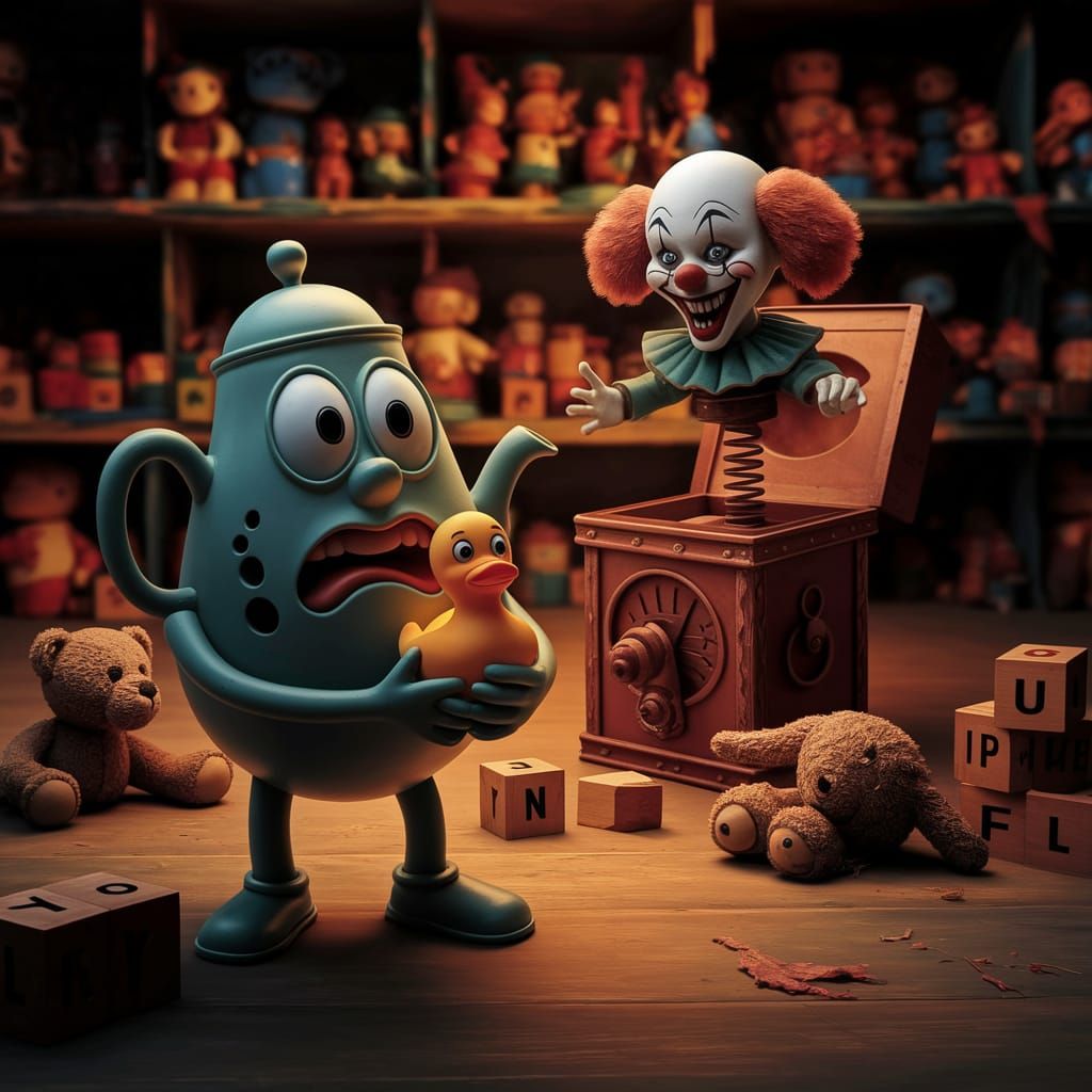 Sinister Toy Store Scene in Claymation Style