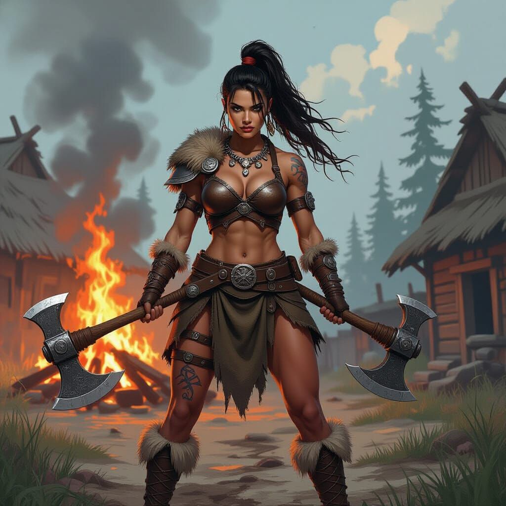 Barbarian Woman with Axe Before Burning Village