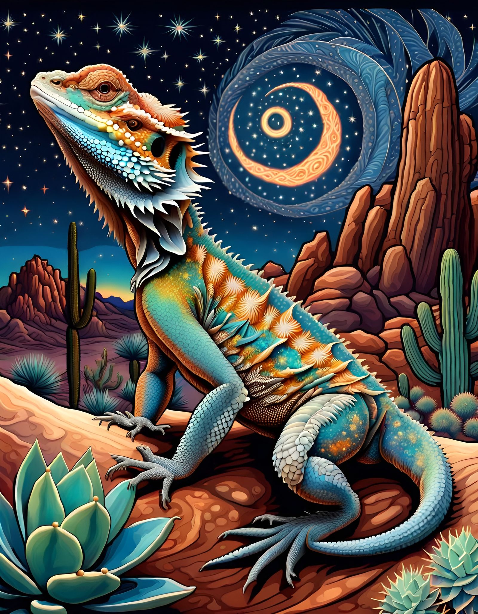 Ornate Bearded Dragon Under Starlight, Biological Illustrati...