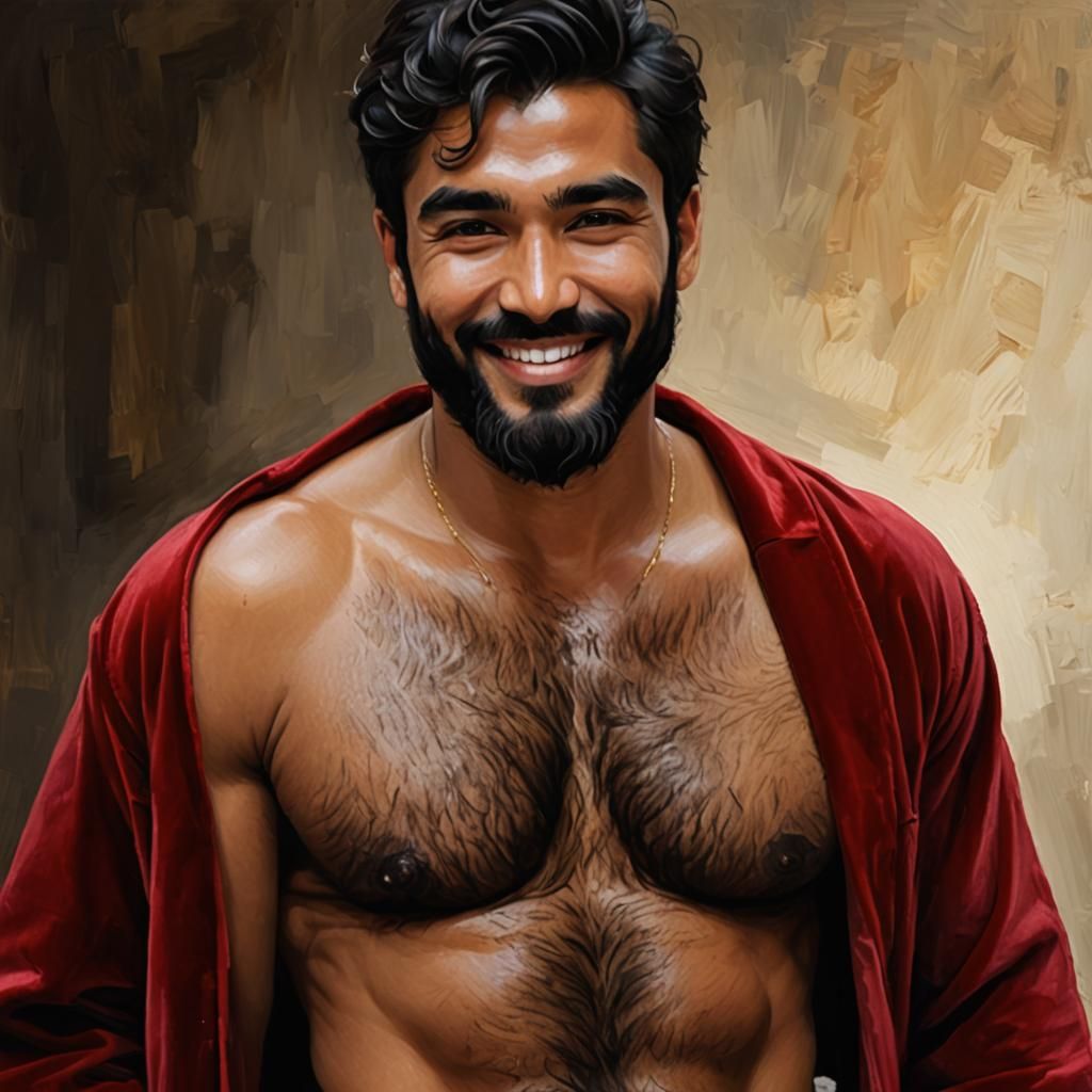 Handsome Man in Red Velvet Robe: Impressionist Oil Painting