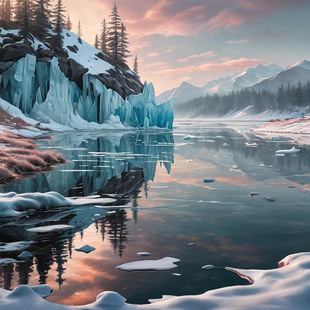 Thawing Icy Lake in Winter Landscape: Surreal Oil Painting