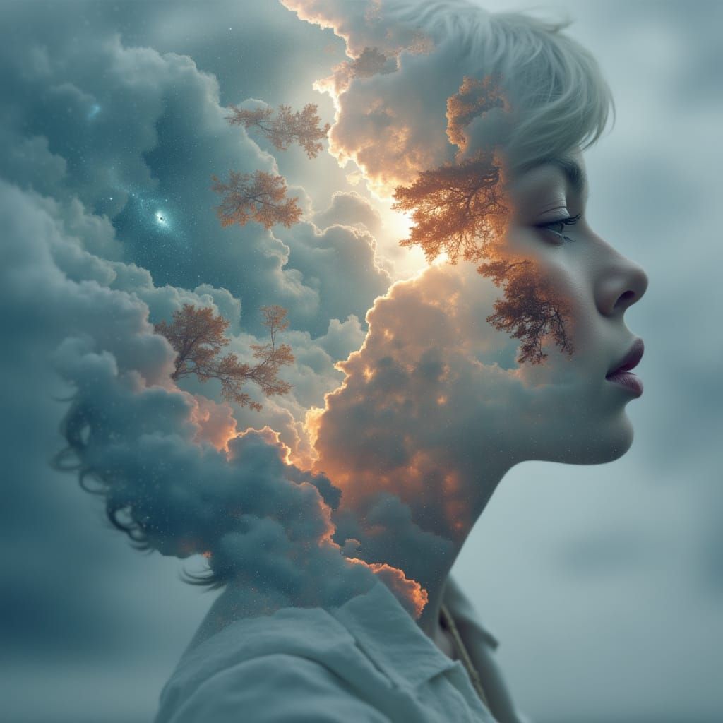 <lora:MJ7 Double Exposure:1.0> A surreal dreamscape where faces dissolve into the sky