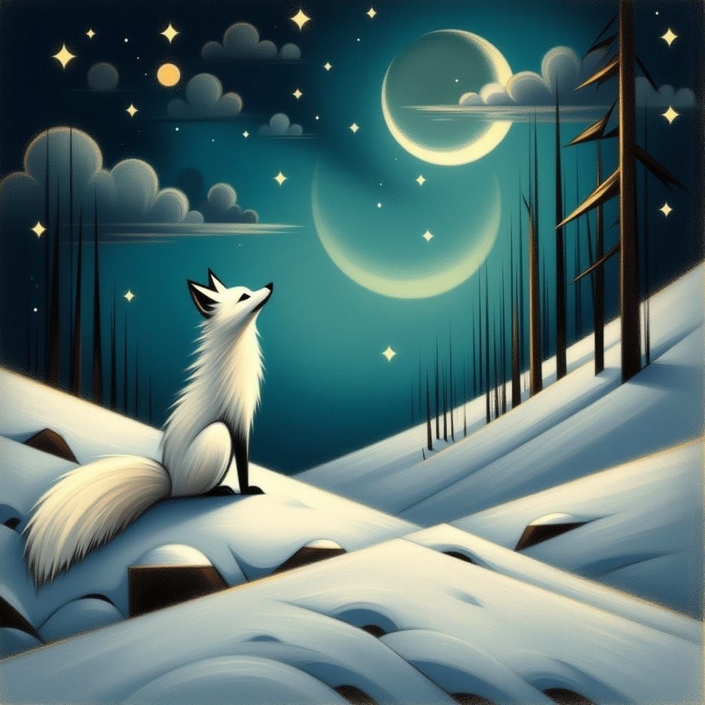 Dreamy White Fox Admiring Colorful Night Sky