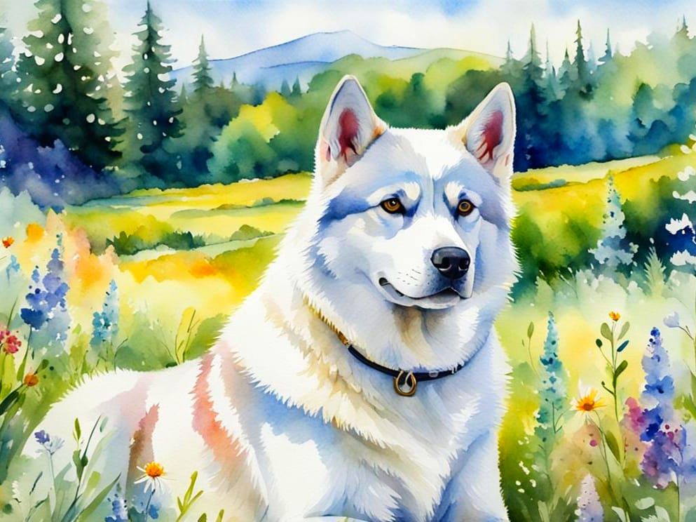 Watercolor Husky Portrait in Wildflower Meadow