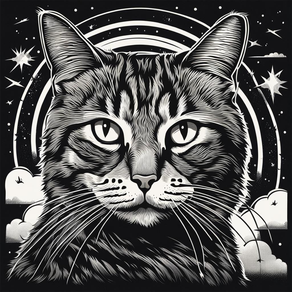 Monochrome Tabby Cat in Lithographic Style