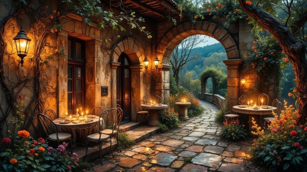Candlelit Villa Under Vines in Dreamy Painting Style