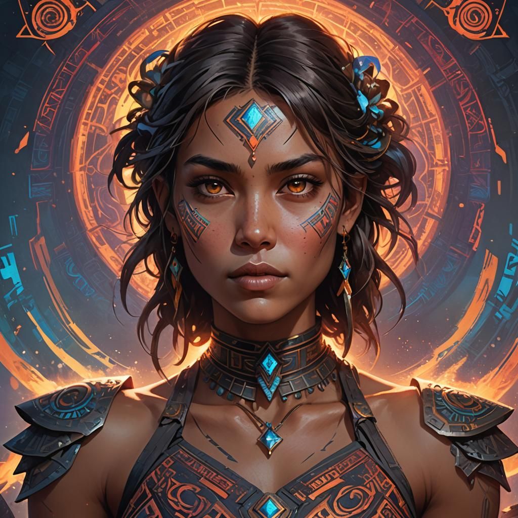 Heroic Woman with Glowing Runes in Art Nouveau Style