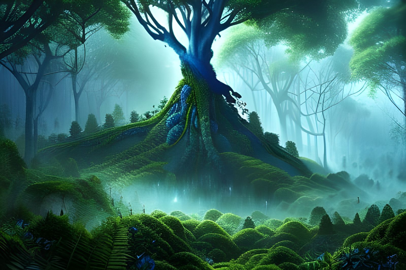 Blue Tree in Lush Dark Fantasy Forest