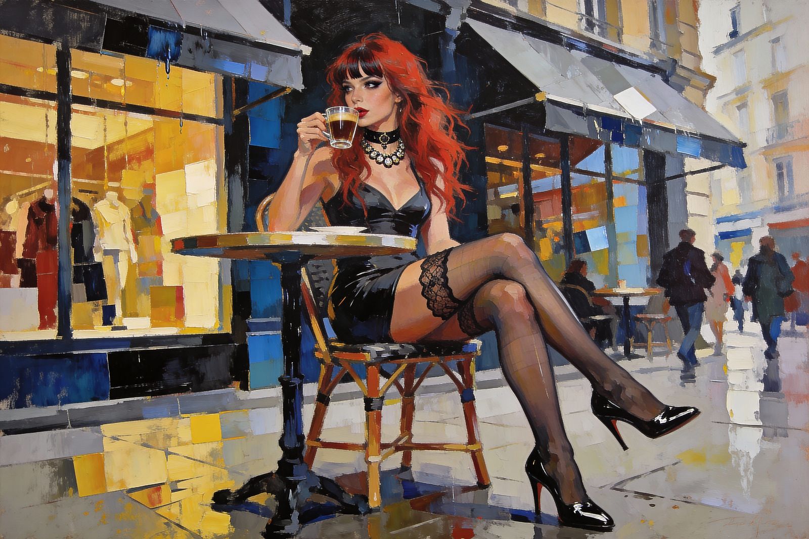 Glamorous Woman at Cafe in Wet-on-Wet Oil Style