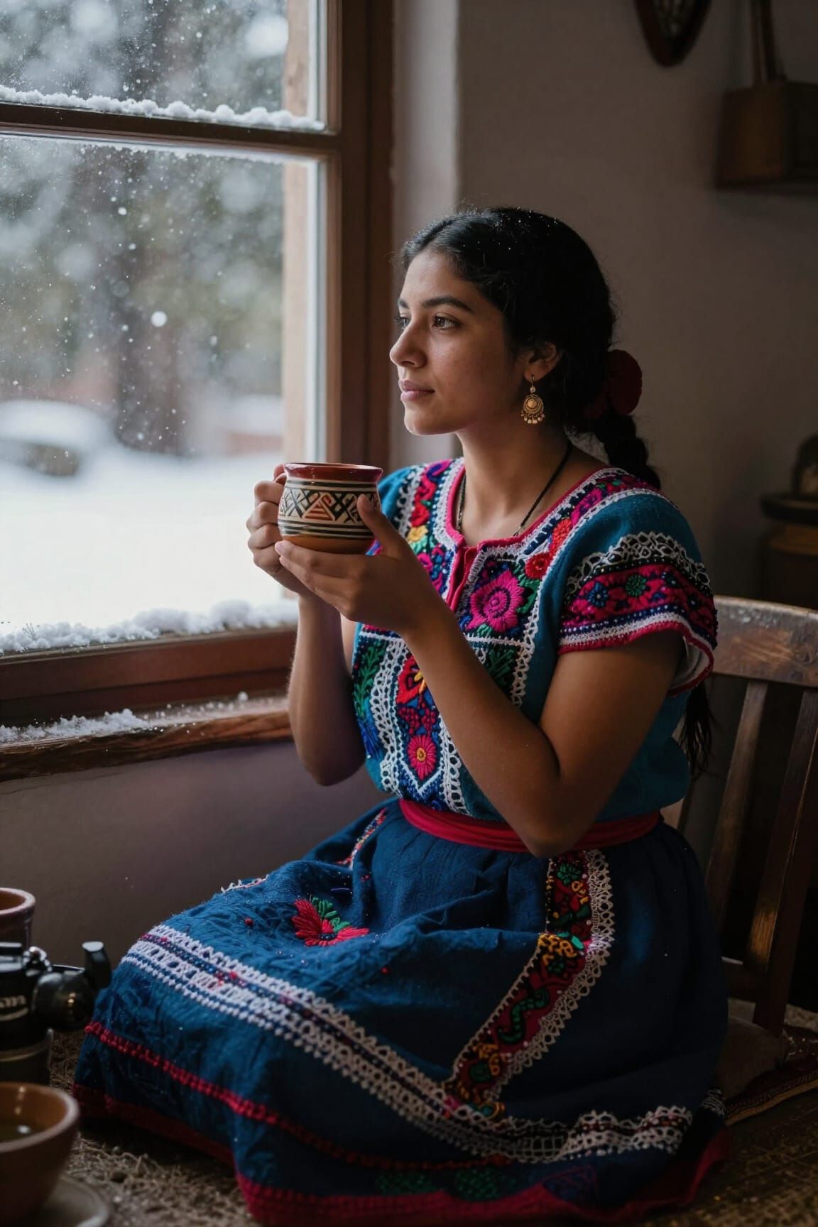 Woman in Mexican Attire by Snowy Window