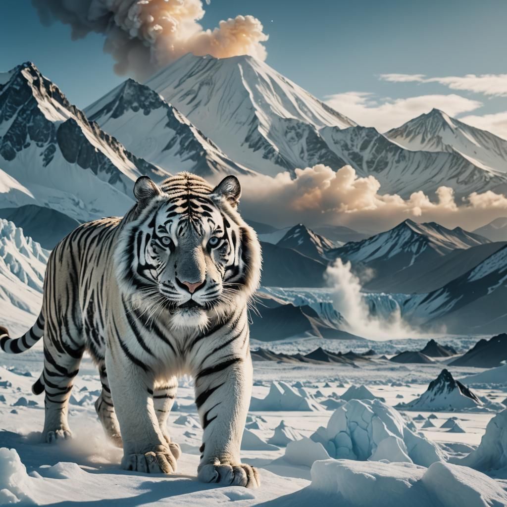White Tiger in Ice Volcano Landscape, Cinematic Style