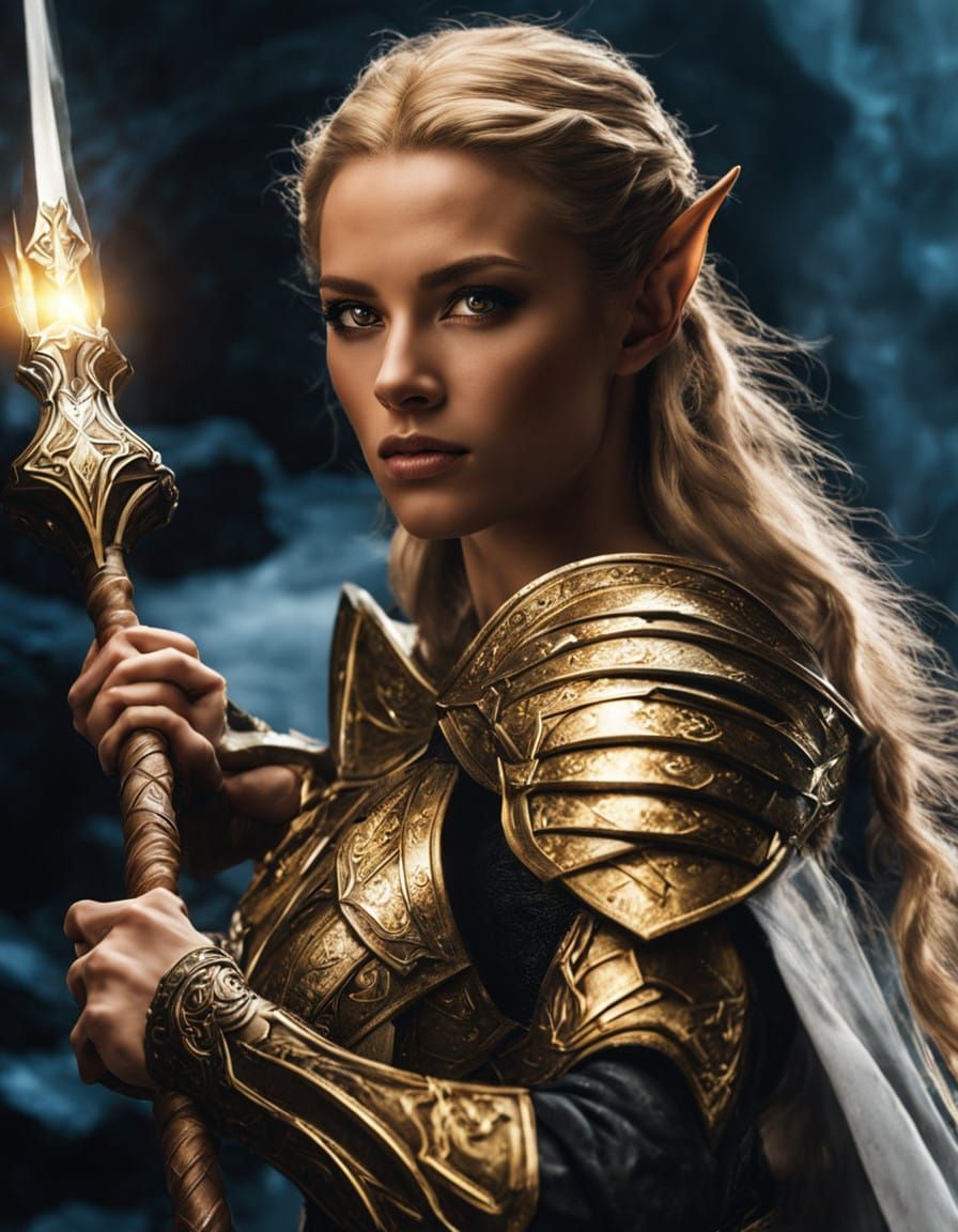 Epic Fantasy Paladin in Defiant Pose, Glowing Mace