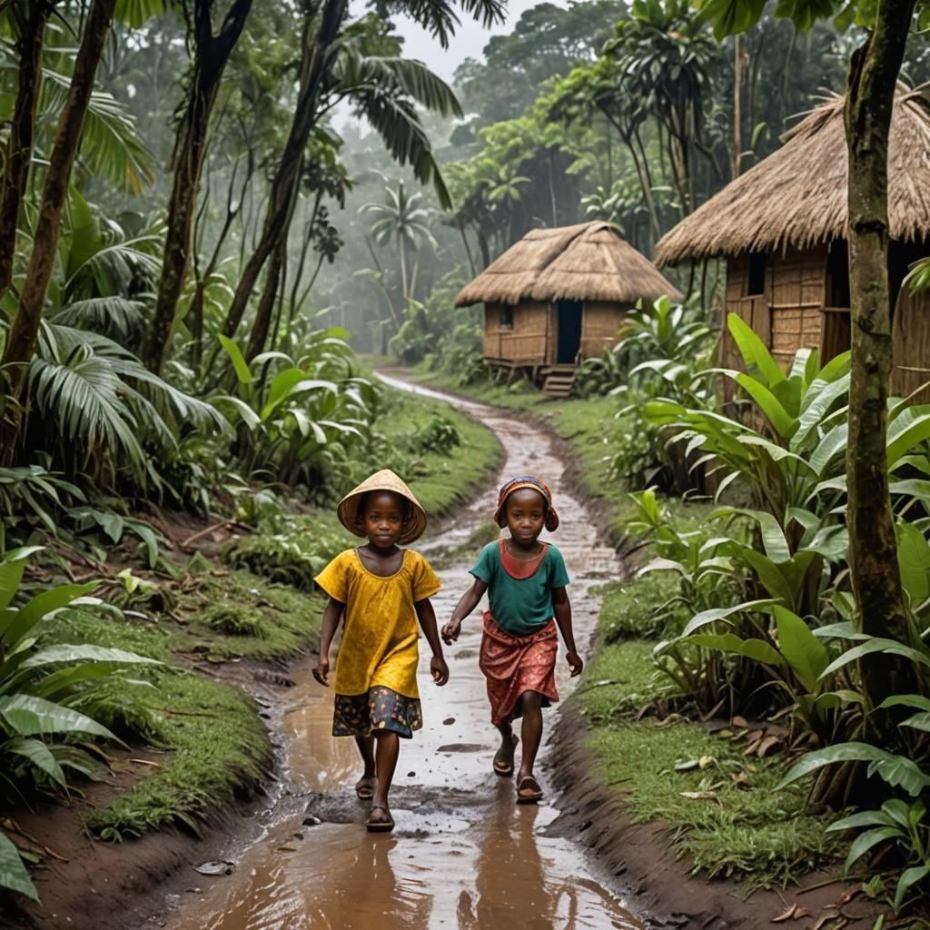 African Girl in Rainforest Village on a Wet Day