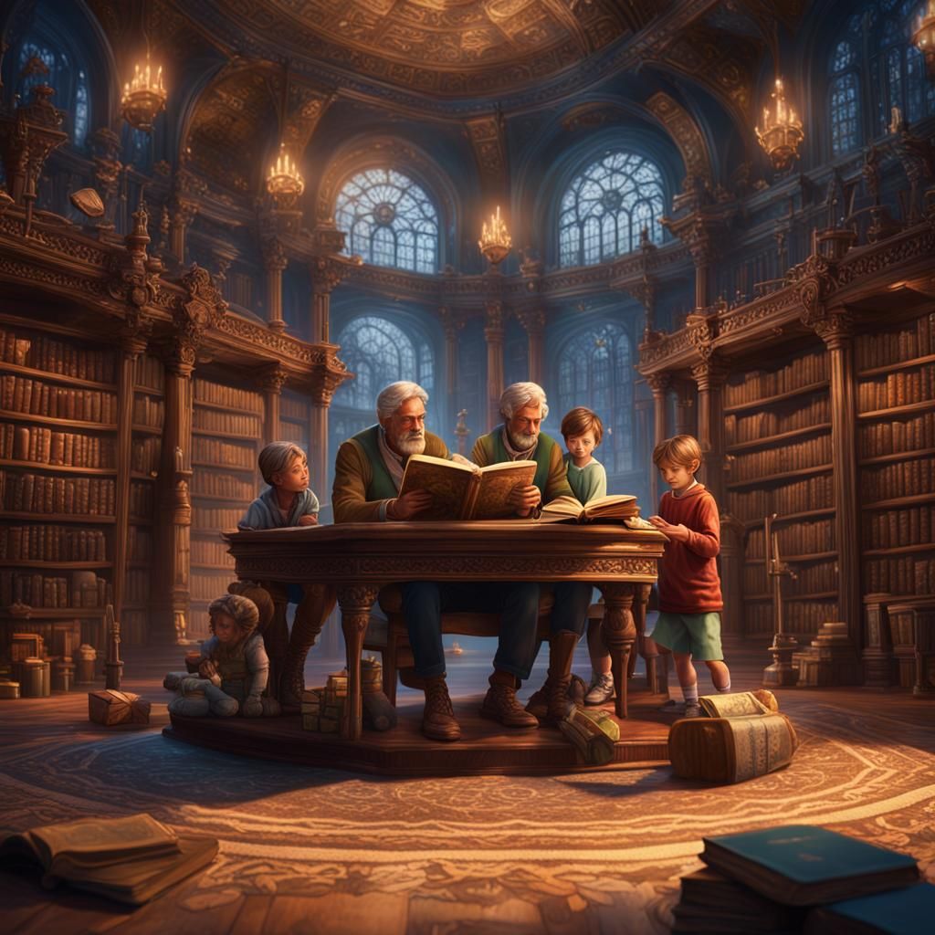 Father Reads to Children: Fantasy Library Art