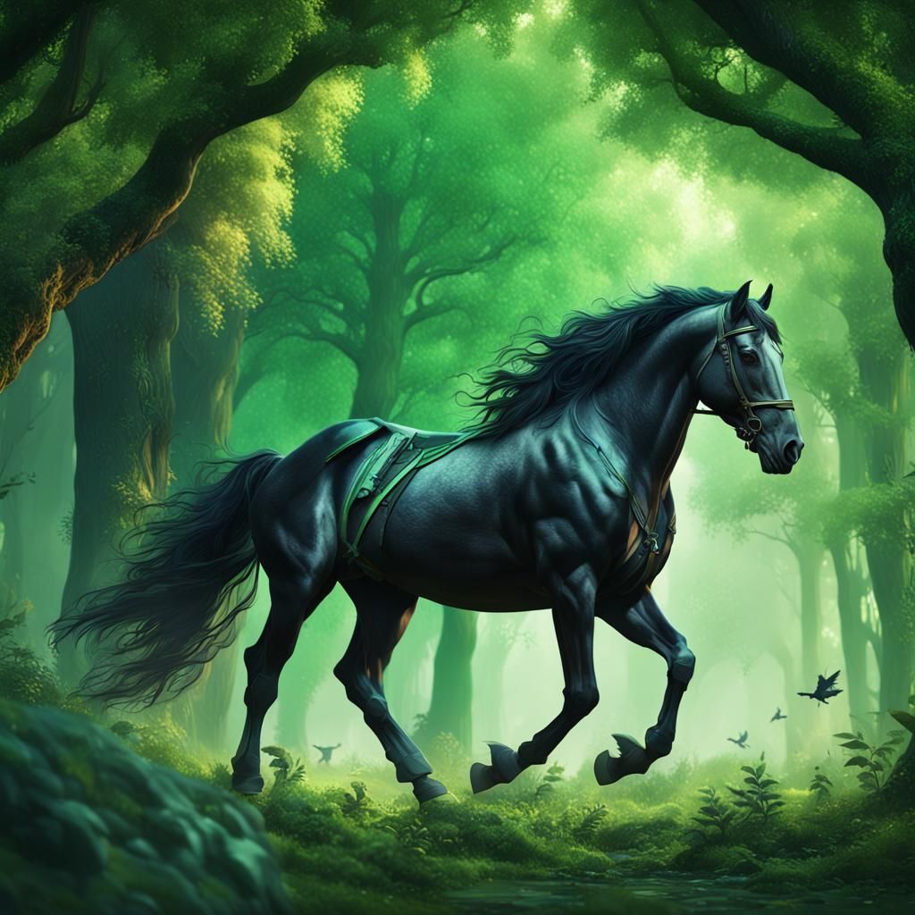 Black Horse in Green Forest: Fantasy Art