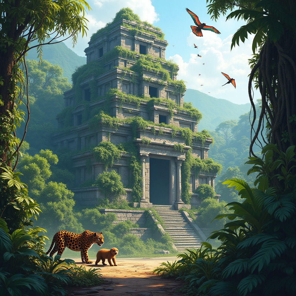 Ancient Temple Reclaims by Nature in a Vibrant Jungle