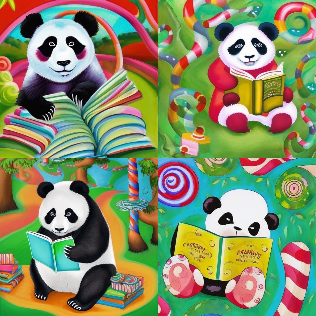 Sleepy Panda Reading in a Gouache Wonderland