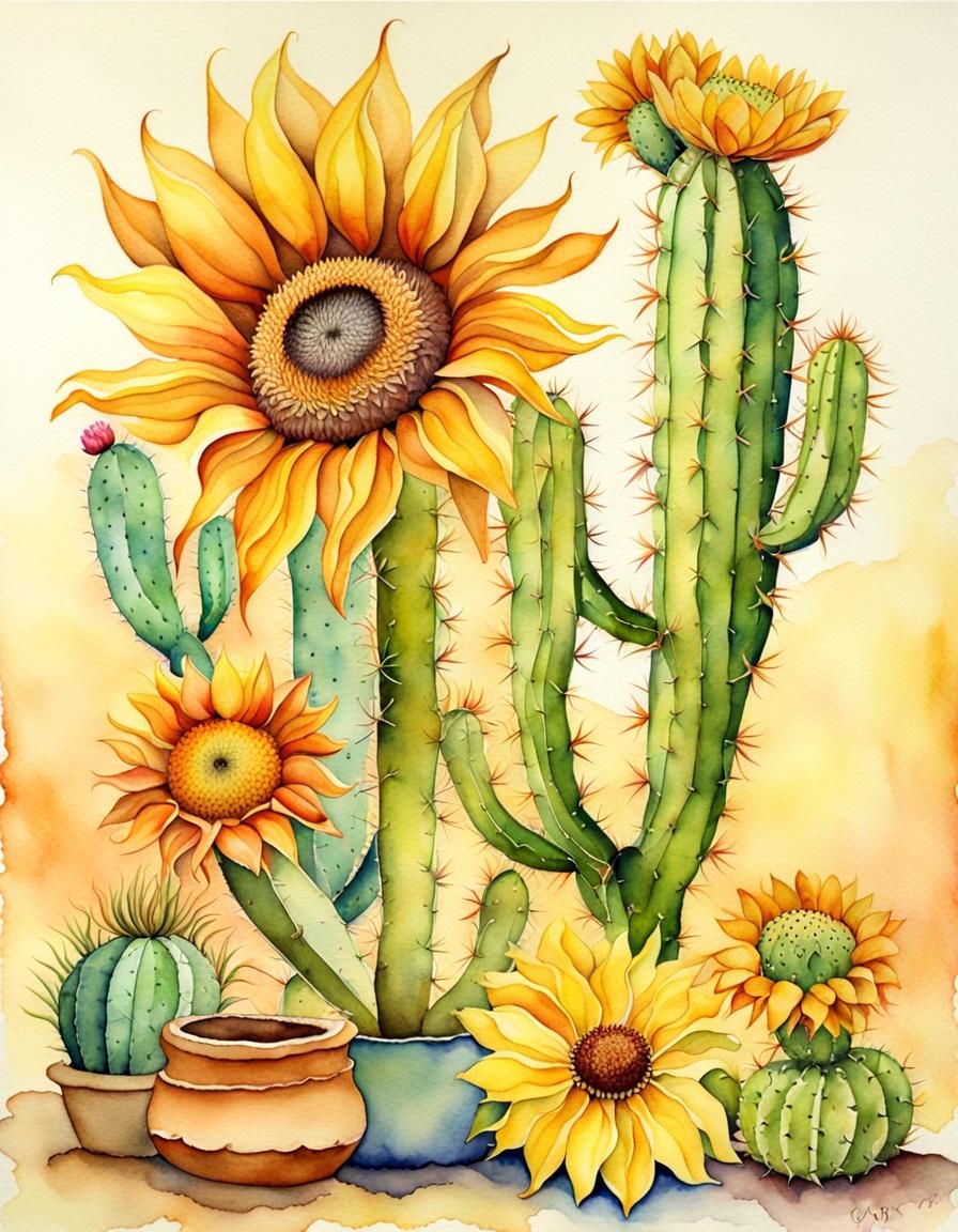 Botanical Watercolor of Sunflower-Cactus Hybrid