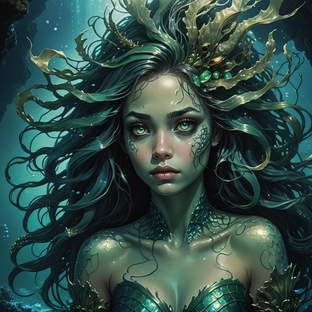 Dark Mermaid Siren in Underwater Cave