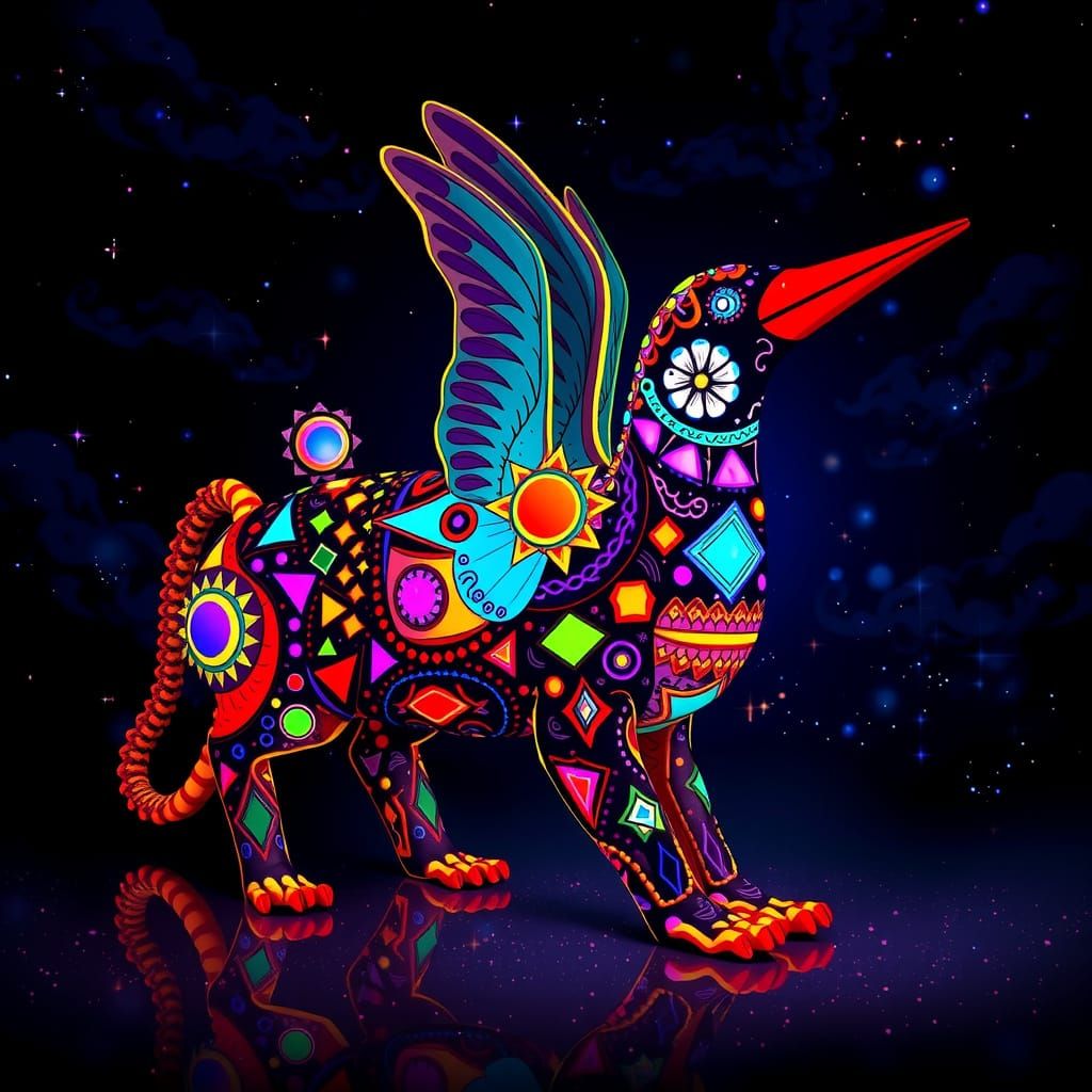 Vibrant Psychedelic Alebrije: Jaguar Hummingbird Fusion