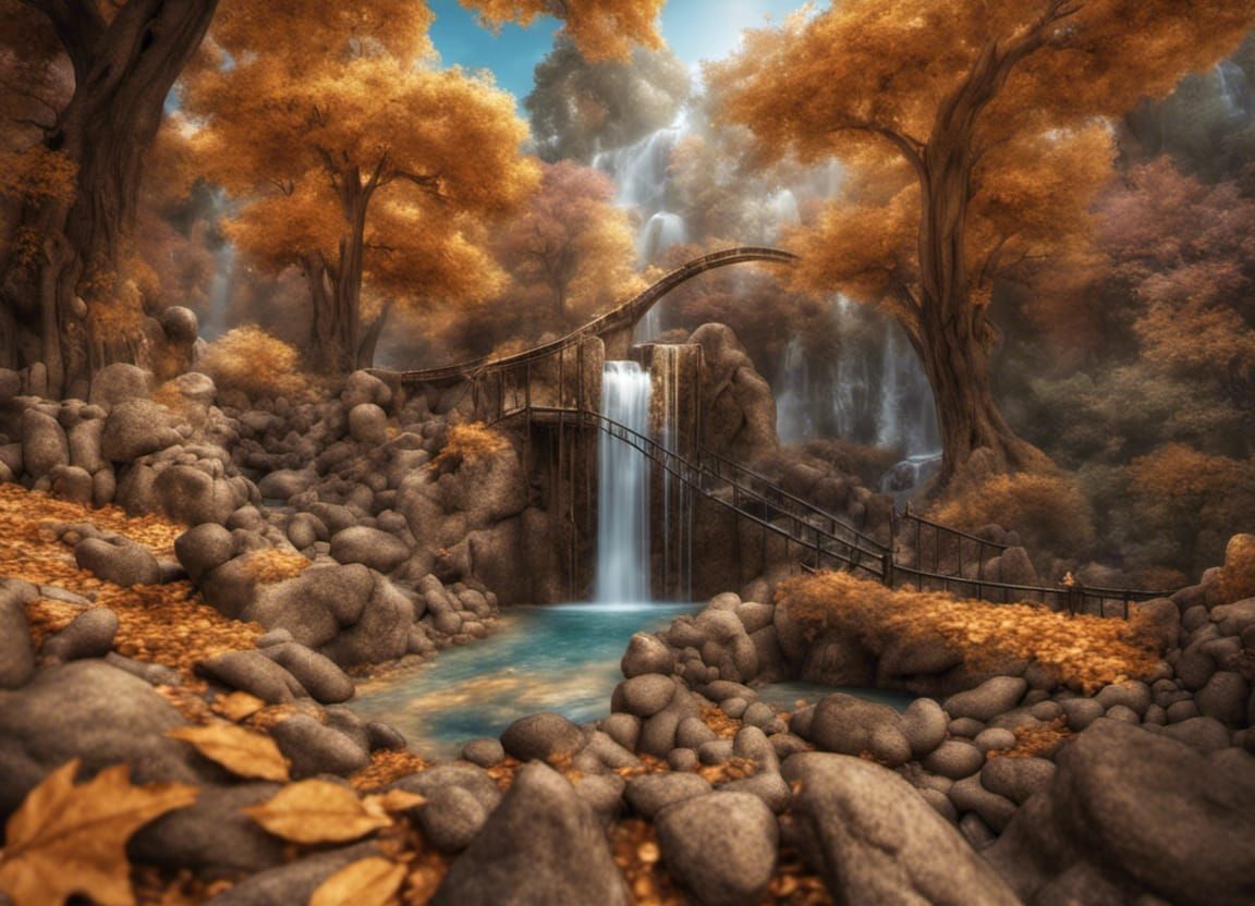 Magical Waterfall Garden with Autumnal Trees