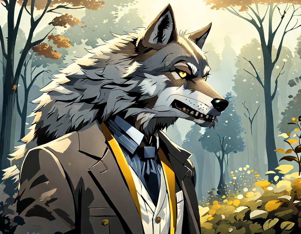 The Dreamworks’ movie The Bad Guys’ a mixed greyish fur dark snout slender build, a friendly yellow flash-eyed handsome...