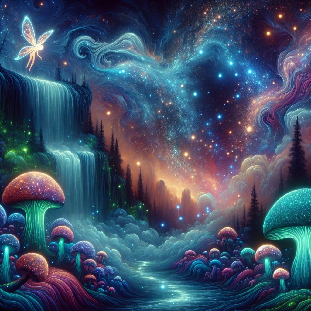 Surreal Dreamscapes with Majestic Bioluminescent Falls