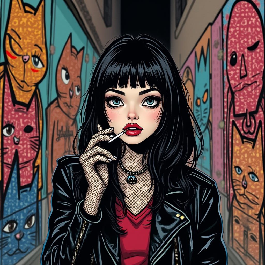 Goth Pop Art Girl Smokes in Vibrant Alleyway