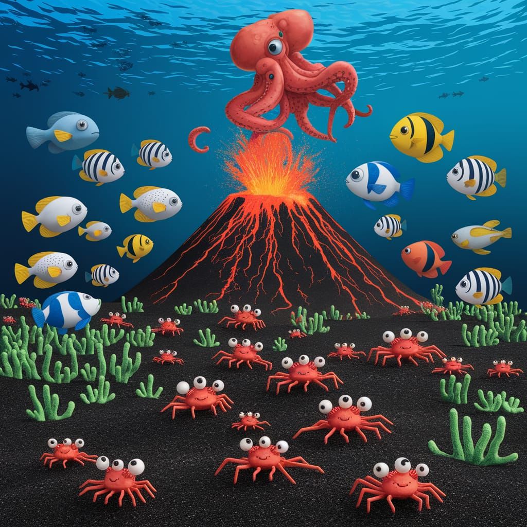 Underwater Volcano Eruption with Marine Life
