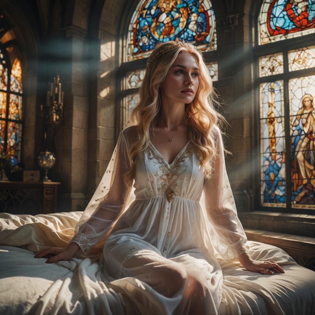 Queen Awaits King in Sunlit Castle Room