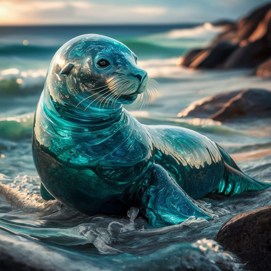 Sea Lion Sculpture of Sea Glass by the Ocean