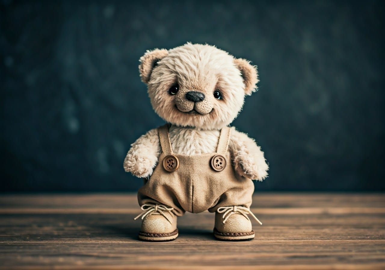 Happy Plush Teddy Bear in Boots, Textile Art