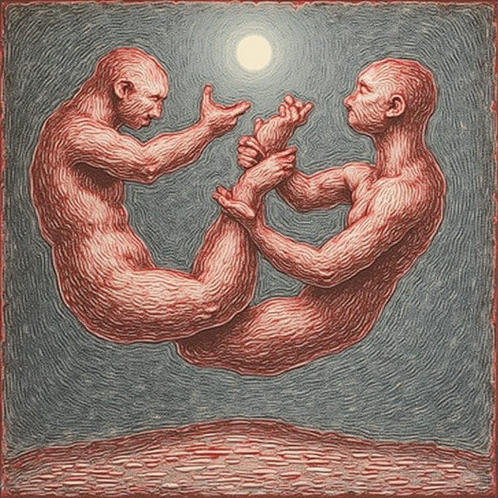 Twisting Crimson Forms in Etched Sketch Style