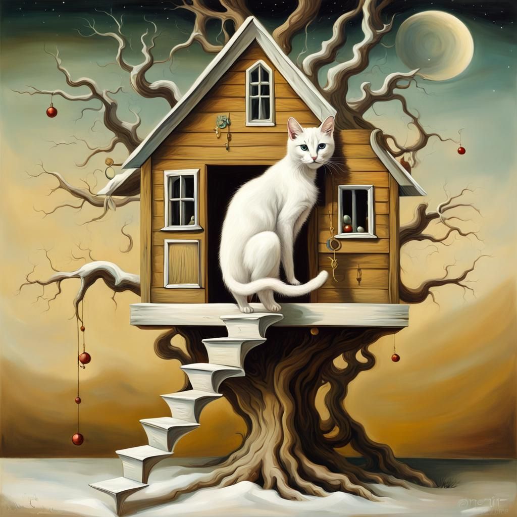 Cat Climbs Christmas Tree: Surreal Oil Painting