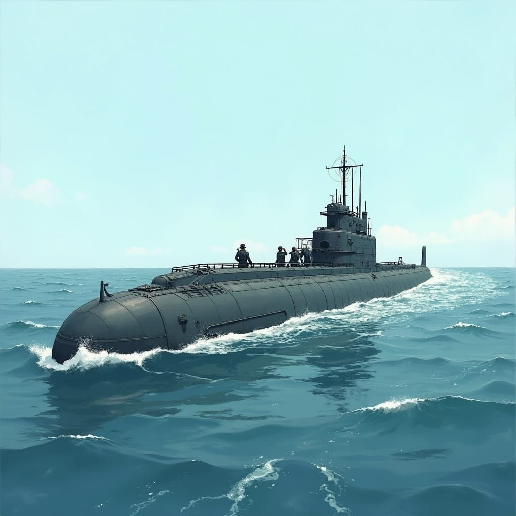 U-boat Surfaces on Atlantic Ocean in Retro-Futuristic Style