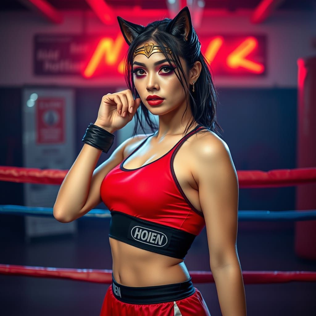 Asian Woman in Retro Film Noir Boxing Scene