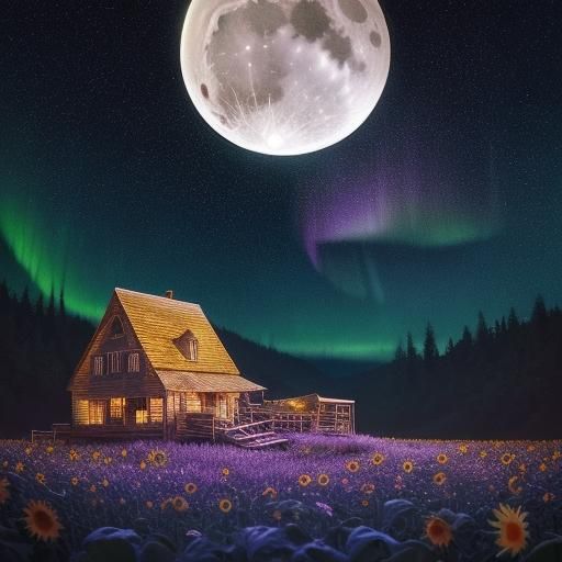Dogs Under Aurora with Sunflowers and Crystals
