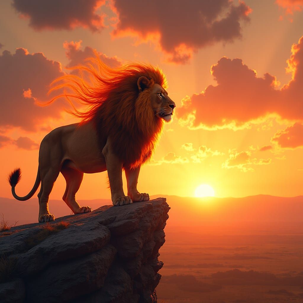 A majestic lion with a flowing mane of fire, standing proudl...