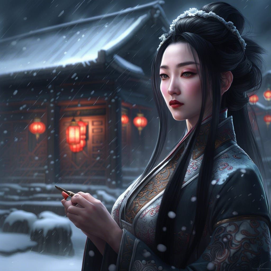 Chinese Woman in Snow, Dark Fantasy Concept Art