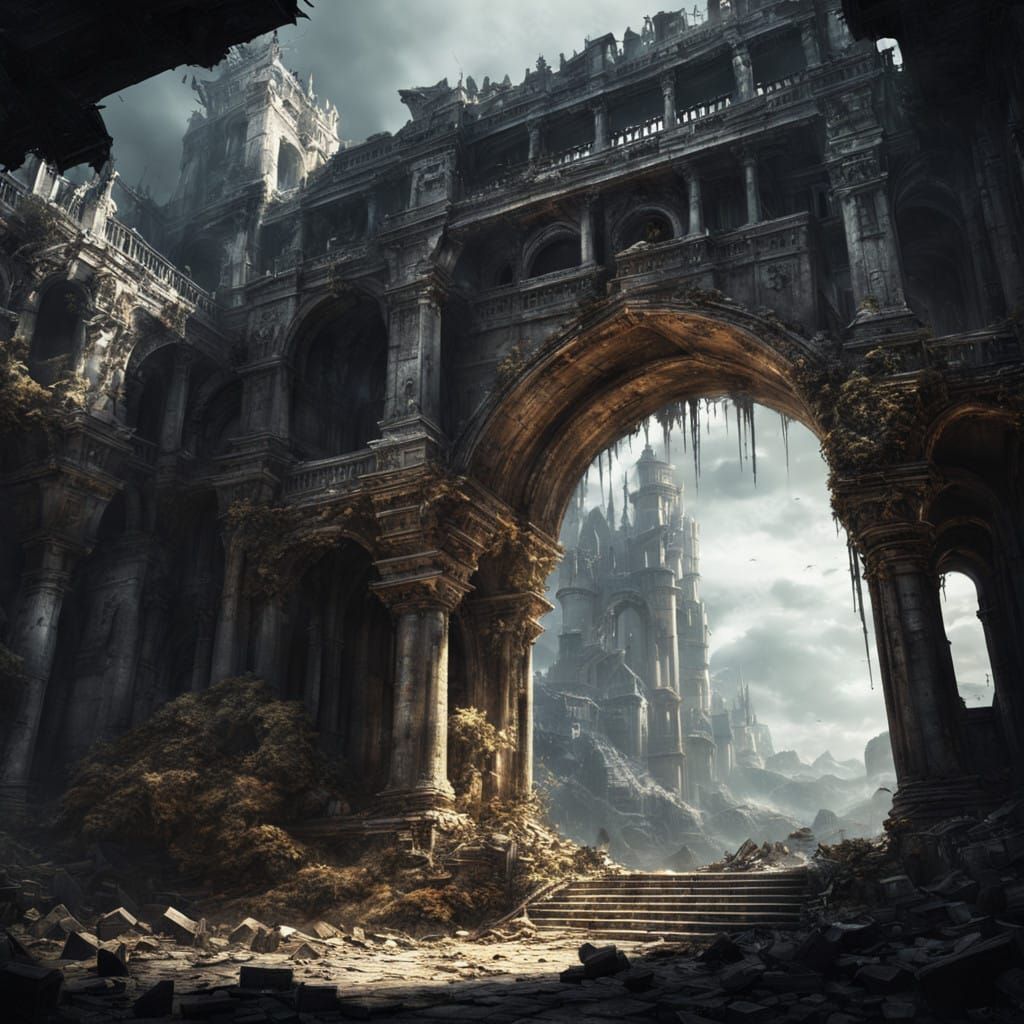 Epic Dark Fantasy Cityscape with Ruined White Bastion