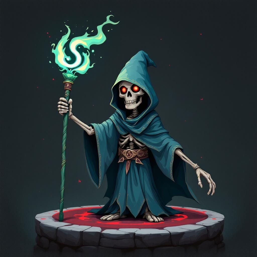 Cartoon Skeleton Mage in Ritual Circle