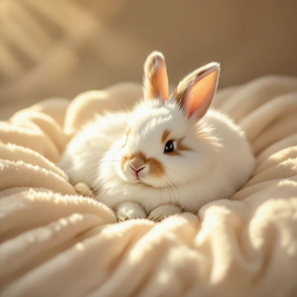 Fluffy Rabbit Resting on Plush Blanket in Storybook Style