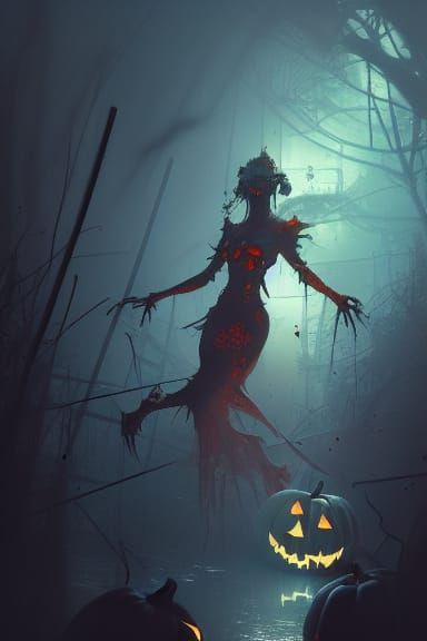 Sinister Halloween Scene in Art Nouveau Style