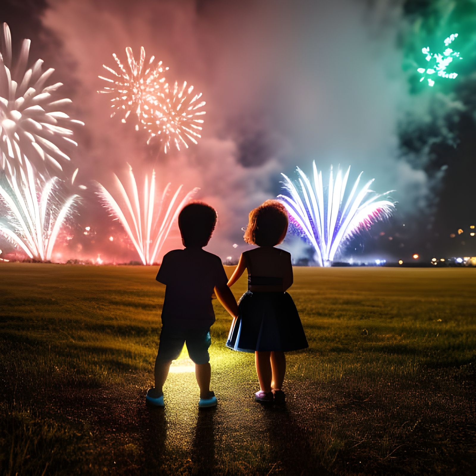 Young brother and sister watching the fireworks (v2)