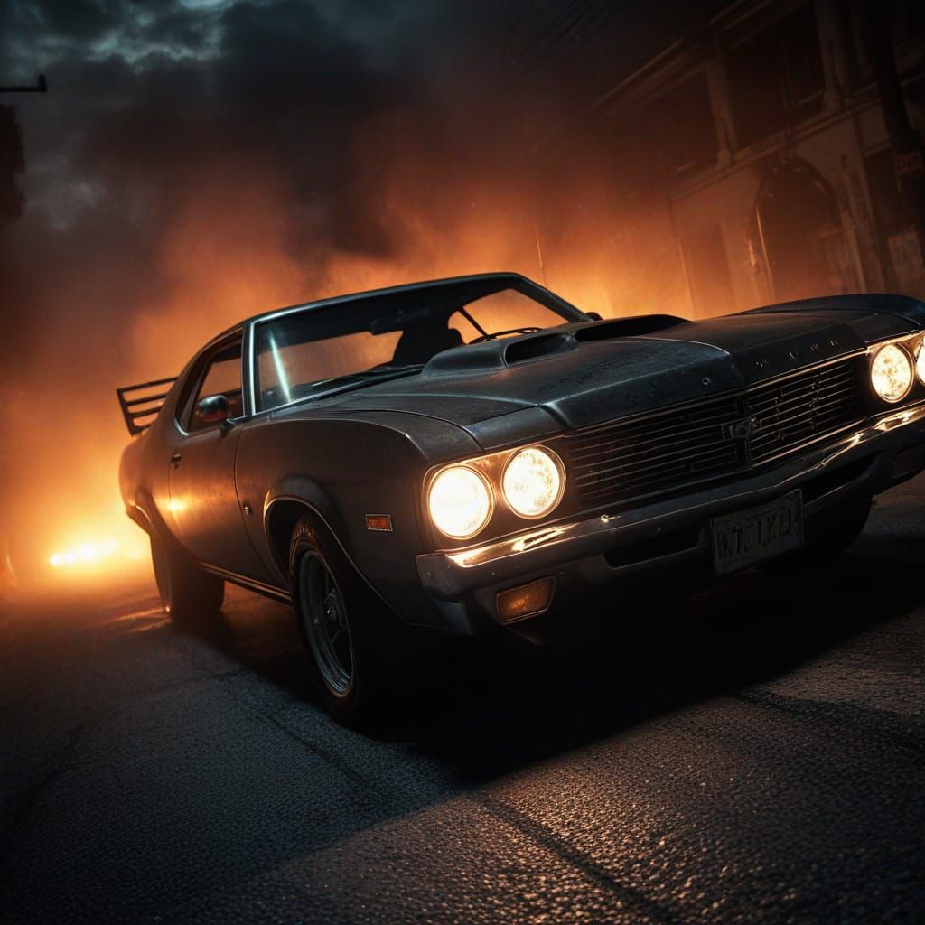 Demonic Car in Twisted Whirlwind: Dark Fantasy Illustration